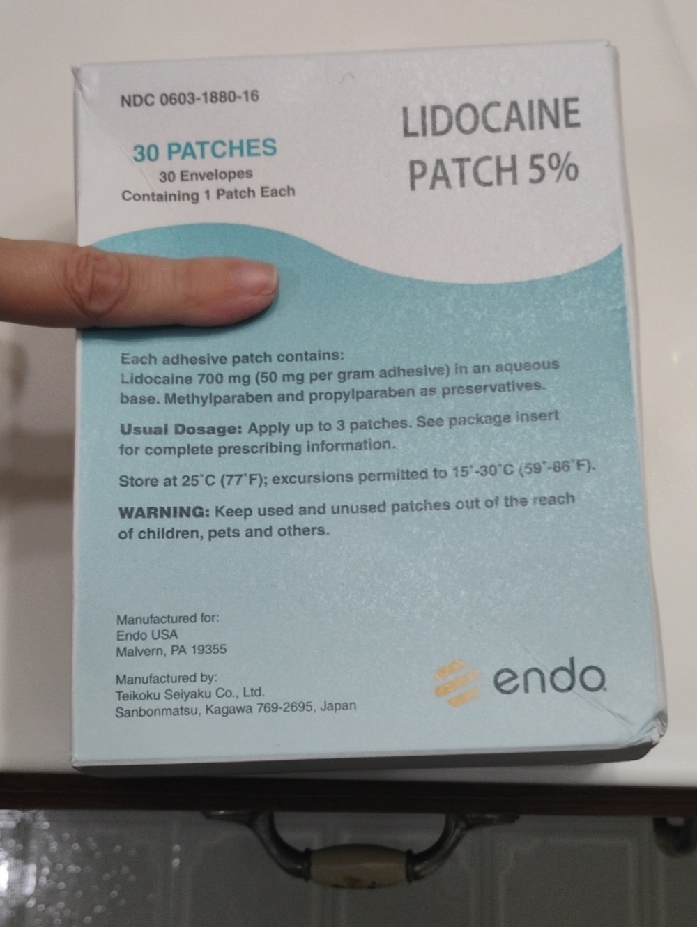 Endo Lidocaine Patch 5% - Light Teal/White Pain Relief Patches (30)